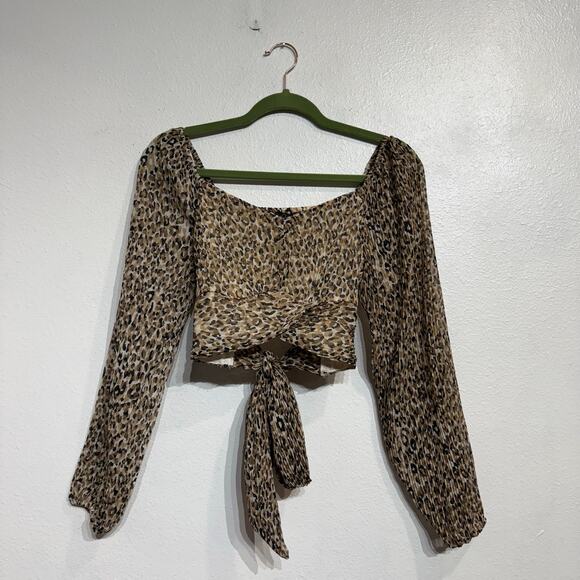 Japna Leopard Print Cropped Tie Back Long Sleeve Blouse Sz M - Picture 1 of 9